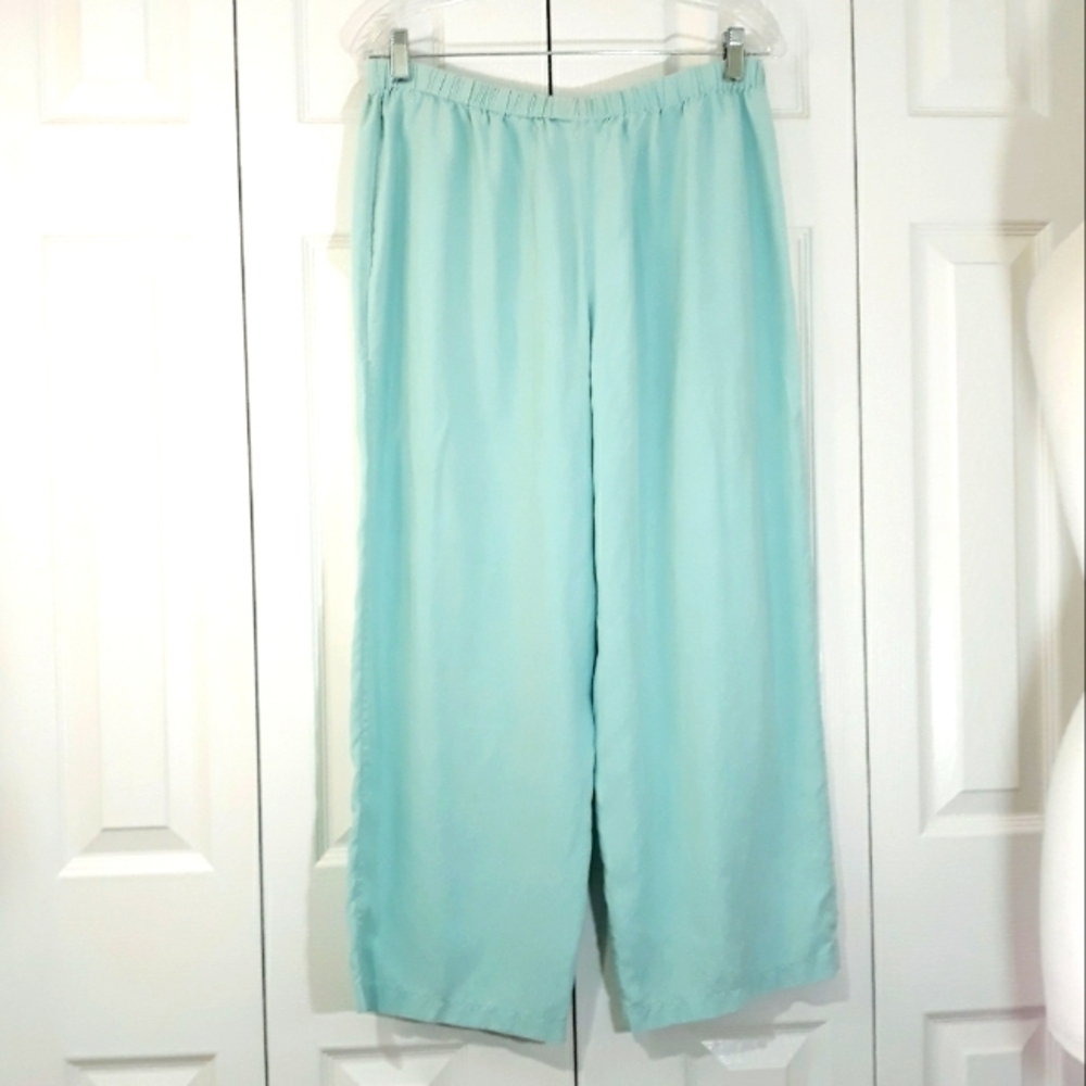 Doncaster 100% Silk Pants Green Turquoise High Rise Pull-On Wide Leg Siz…